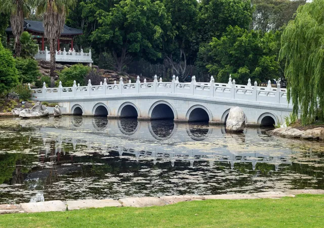 A white stone bridge over a lake in the Chinese Gardens at Nurragingy Reserve